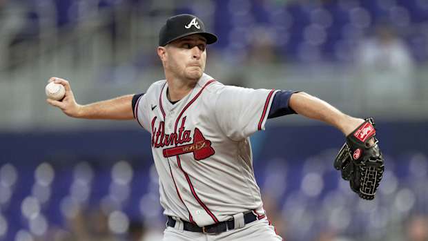 Oct 4, 2022; Miami, Florida, USA; Atlanta Braves starting pitcher Jake Odorizzi (12) delivers in the first inning against the Miami Marlins at loanDepot Park.